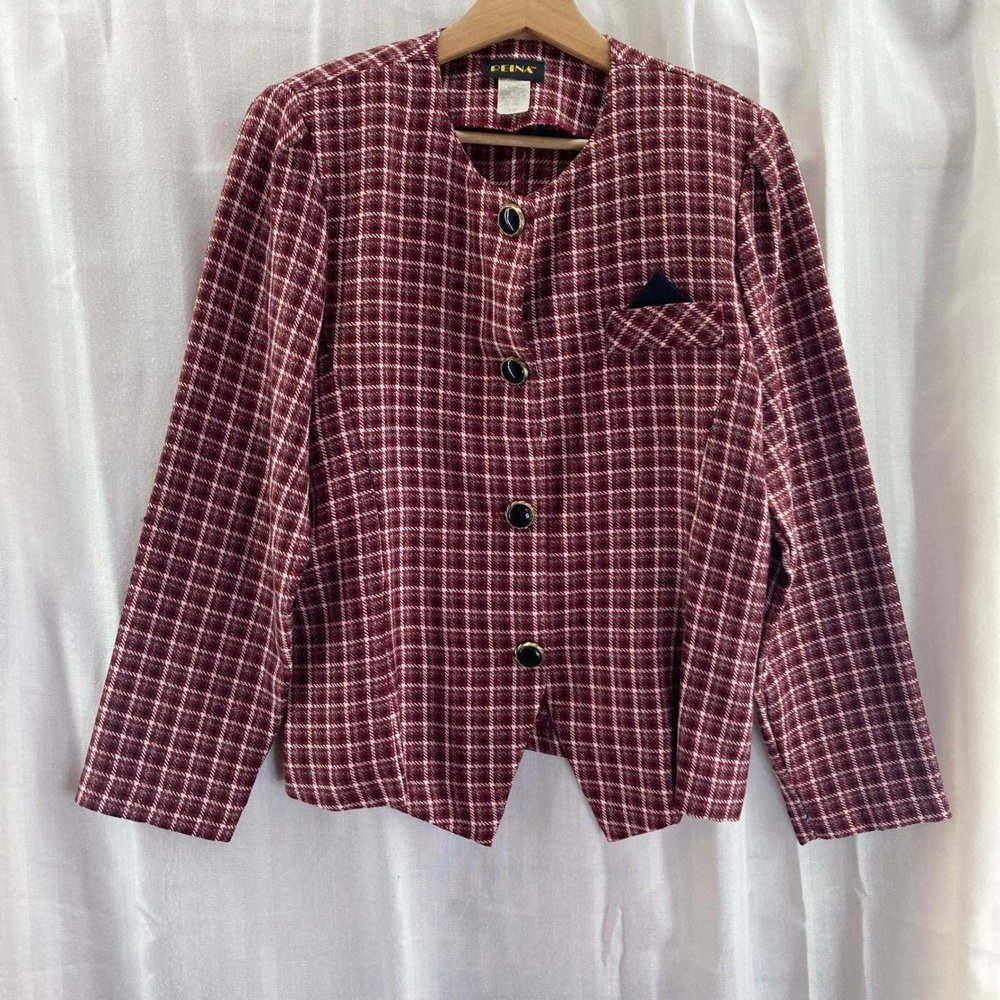 Reina Vintage Plaid Blazer Petite Size 12P Burgundy Red Black‎ White Made in USA